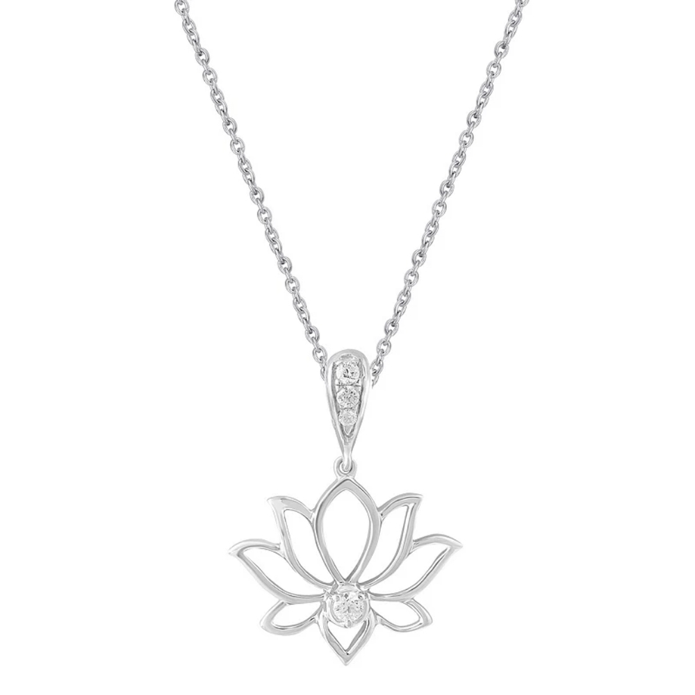 Sterling Silver Diamond Lotus Pendant Necklace - NWT - Picture 2 of 8